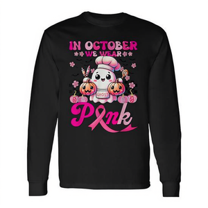 Cute Ghost Lunch Lady <b>Breast</b> <b>Cancer</b> Long Sleeve <b>T</b>-<b>Shirt</b> October We Wear Pink-Promotional Cute Ghost <b>Breast</b> <b>Cancer</b> <b>T</b>-<b>Shirt</b> - Product Image 2