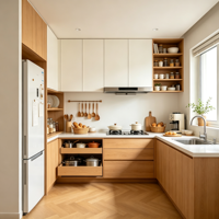 Ensemble complet d'armoires de cuisine sur mesure de la marque HNSJ, en panneaux de contreplaqué écologiques modernes, avec un design multifonctionnel