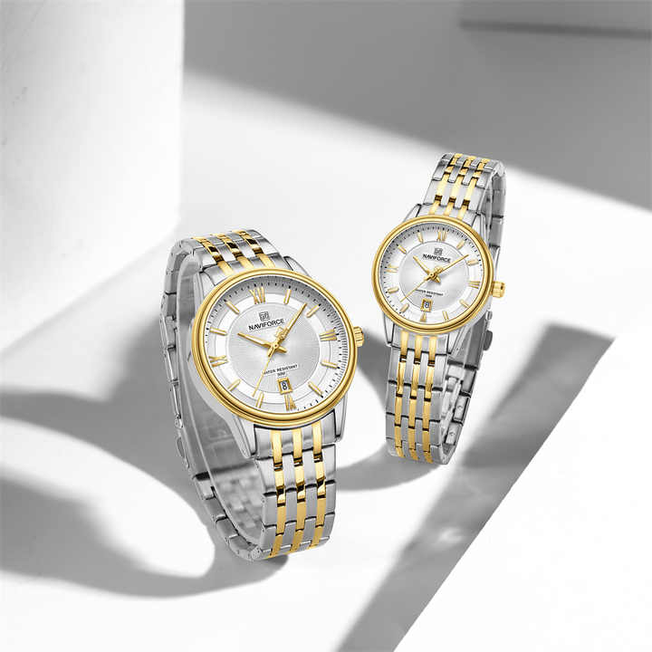 NAVIFORCE 8040 SGW Golden Gig Dial Quartz Wrist Watch Waterproof Stainless Steel Couple Watch Watch for Men Women Ladies Clock