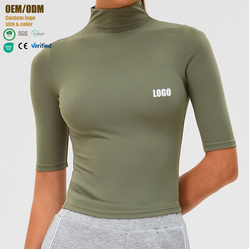 Women's Cute Tight Quick-drying Nylon Spandex Sports T-shirt High Collar Mid-sleeve Outerwear Yoga Outdoor Running Fitness Top