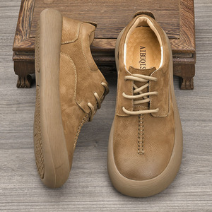 Chaussures de marche pour hommes en cuir véritable, bout rond, lacets, semelle en caoutchouc respirante, style décontracté confortable pour le printemps et l'automne - Product Image 2