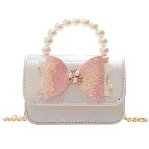 Fission Cute Girls Crossbody Bag PU Material With Pearl Chain Handbag Bow Decoration Coin Purse Bag For Kids Children