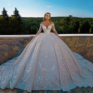 Robes de mariée de luxe en cristaux, style princesse, 2025, épaules dénudées, manches longues, perles brillantes, paillettes, dentelle, robe de bal de mariée - Product Image 4