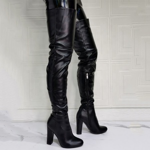 Botas de mujer de tacón grueso, ajustadas, con cremallera lateral, por encima de la rodilla, talla grande 47, punta redonda, para uso diario, botines de invierno hasta el muslo para mujer - Product Image 5