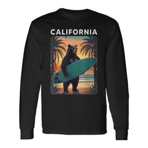T-shirt a maniche lunghe retrò California Bear Surfing Beach - Product Image 1