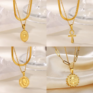 Collar de Cadena Cruzada de Doble Capa para Mujer, Acero Inoxidable 304, Chapado en Oro de 18K, Cadena de Serpiente que No se Destiñe, Joyería - Product Image 1