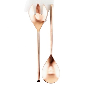Rose <b>Gold</b> Polished Stainless Steel Salad Serving Set Plain Round Handle Spoon and Fork Metal Material - Product Image 1