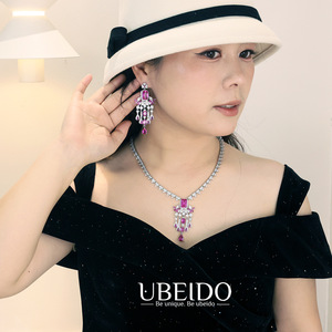 Ensemble collier et boucles d'oreilles papillon en zircon rose de luxe pour femmes, bijoux élégants en cristal pour mariage, soirée, robe de soirée - Product Image 2
