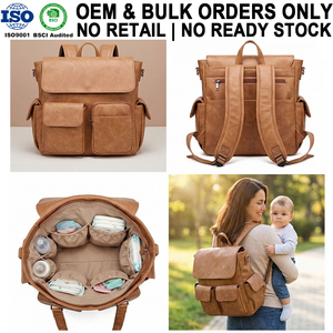 Borsa per Pannolini Personalizzata OEM/ODM in Ecopelle Vegana Marrone Chiaro Grande Capacità per Ospedale e Neonati - Product Image 1