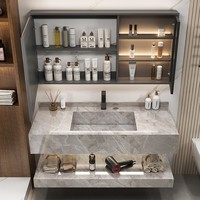 Meuble-lavabo mural moderne et minimaliste avec vasque intégrée en ardoise et armoire miroir LED intelligente pour salle de bain