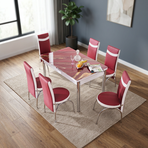 Modern 6-Piece <b>Dining</b> Room Set with Extendable <b>Foldable</b> Wood Frame Tempered Glass <b>Table</b> Red <b>Chairs</b> <b>for</b> Home Use - Product Image 1