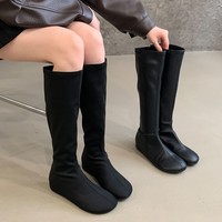 Bottes plates noires en similicuir pour femme, à talon plat, bout rond, extensibles, longues, à enfiler, pour l'automne et l'hiver, chaussures décontractées pour femme, ODM, faible MOQ