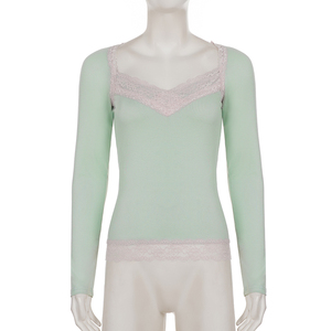 Sweet Pure Lace <b>Patchwork</b> Color Block V Neck Long Sleeve T Shirt Early Fall Girly Fashion Slim Fit Layering <b>Top</b> for Women - Product Image 6
