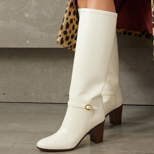 Large Size 46 Solid Wide Fit Women's Knee High Boots Buckles Chunky High <b>Heels</b> Shoes <b>Round</b> <b>Toe</b> on Long Booties - Product Image 1