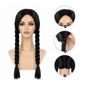 <span class=keywords><strong>Perruque</strong></span> longue noire avec deux grosses tresses doubles, <span class=keywords><strong>perruque</strong></span> de costume pour Halloween, carnaval, fête costumée - Product Image 3