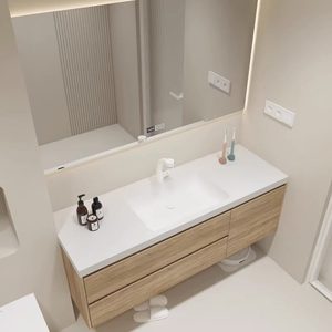 Modern Light Wood Bathroom Vanity <b>Floating</b> Bathroom Cabinet with LED Mirror Integrated Sink - Product Image 5