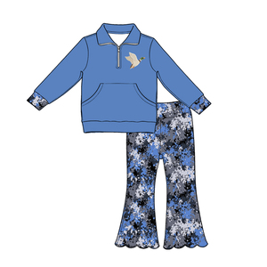 Ensemble de vêtements pour petites filles, motif camouflage de cerf, pull à bord festonné et pantalon évasé, vente en gros, tenues assorties pour sœurs - Product Image 6