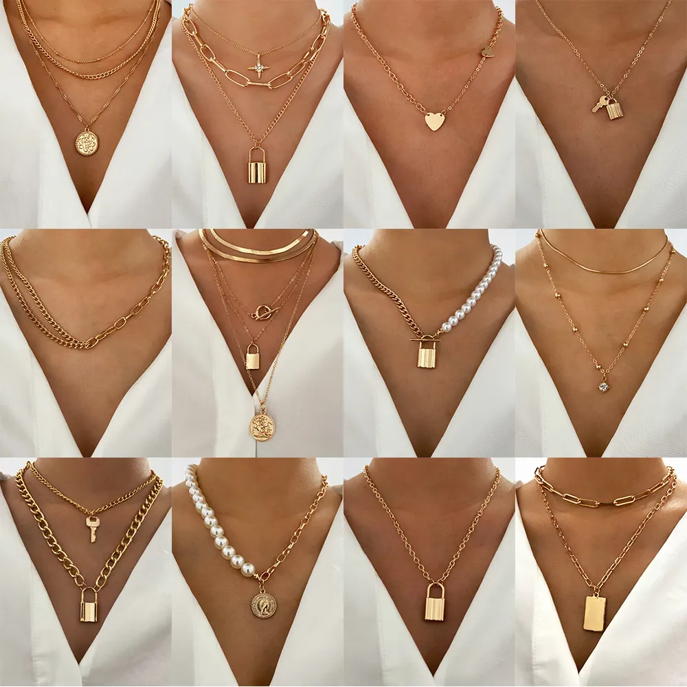 Trendy Multilayer pearl Cross Gold Metal Chain Boho Choker Pendant Necklace for Women