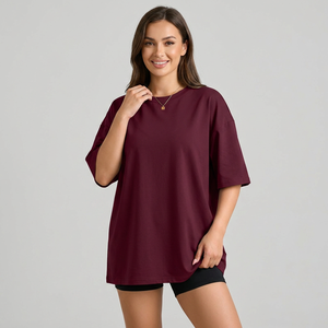 Oversized Casual Solid Color Crew Neck Three Quarter Sleeve Plus Size Women's <b>T</b>-<b>Shirt</b> <b>Long</b> <b>Length</b> 100% Cotton Jersey Fabric 220g - Product Image 1