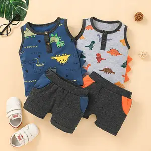 Set di vestiti per neonato dinosauro stampato camicia corta senza maniche gilet abiti per neonati vestito 0-2 anni abiti per bambini