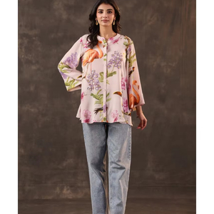 Nature Inspired Bird & Floral Print Tunic Top Mandarin Neck Relaxed Fit Designer Casual <b>Shirt</b> Elegant Contemporary Fashion Wear - Product Image 1