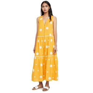 Costura escalonada de increíble calidad y escote en V para veranos margaritas amarillas flores bordado botón cierres frente Maxi vestido - Product Image 1