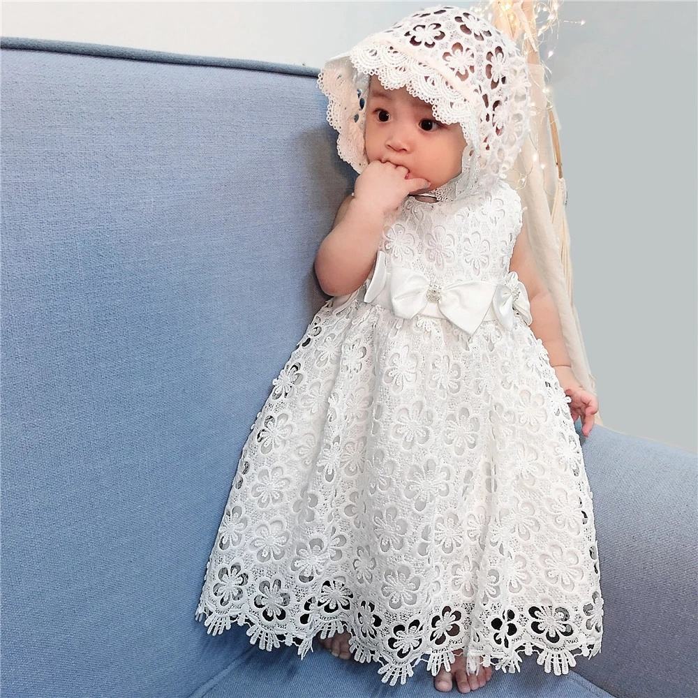 Infant Baby Girls Lace Baptism White Dress for Toddler Christening Hallow  Out A-line Dress with Cape Party Costume Set