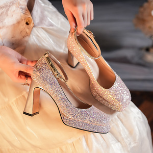 Sandalias Y9609 con Tacón Grueso y Punta Cuadrada con Brillantina y Correa Trasera, Tacón Alto para Vestido de Fiesta o Boda - Product Image 1