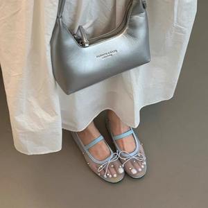 Nouvelles chaussures plates pour femmes, style ballerines, en tissu résille orné de strass, respirantes, à bout rond, avec nœud, décontractées - Product Image 3