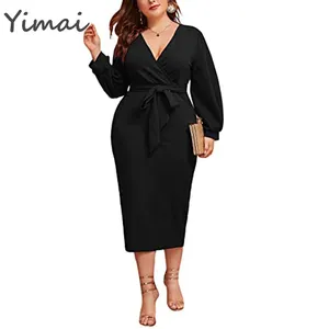 Yimai High Quality Elegant Long Lantern Sleeve Deep V Neck Women's Plus Size Belted Bodycon Dress