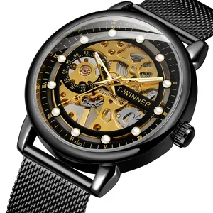 Winner Jam Tangan Mekanis Pria, Arloji Merek Emas Harga Murah Reloj Montre Mesh Skeleton Logo Kustom