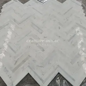 Herringbone Calacatta White mix Mother of Pearl Shell Marble Tile Design