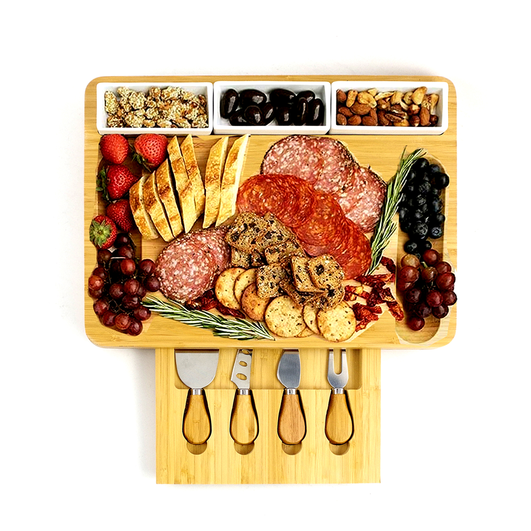 Bamboo Cheese Board Custom Large Wooden Charcuterie Cheese Platter Bamboo Cheese Board And Knife Set For Meat Cheese With Slide-Out Drawers