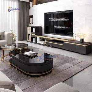 Mueble de Salón Moderno con Soporte para Televisor de Vidrio Telescópico Negro Brillante con Efecto Marmolado y Estantería para Libros - Product Image 5