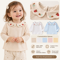 Chemisier en tricot texturé à manches longues pour filles, col Peter Pan brodé de fleurs de fraises, vente en gros, OEM, ODM, personnalisable, marque privée