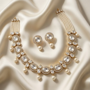 Luxury Gold 925 <b>Silver</b> Crystal Pearl <b>Choker</b> Necklace with Matching Earrings for Wedding Party Wear Women - Product Image 5