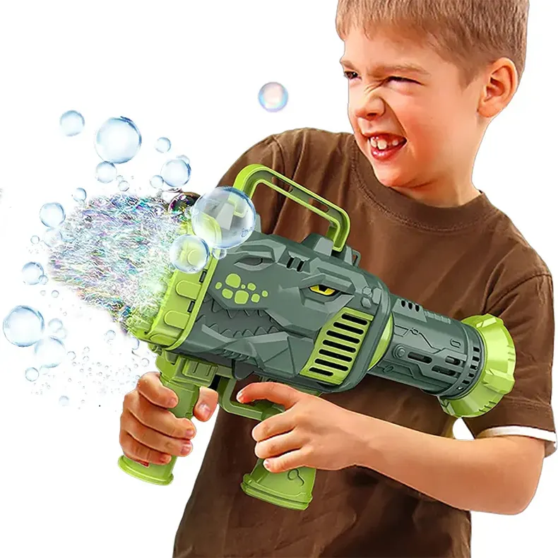 Pistola a bolle a 32 fori lanciarazzi dinosauro che carica la pistola a bolle elettrica leggera per bambini