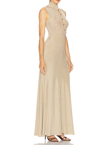 <span class=keywords><strong>Robe</strong></span> longue en maille lurex champagne sur mesure <span class=keywords><strong>pour</strong></span> femme, col montant, sans manches, boutons dorés, découpes, <span class=keywords><strong>robe</strong></span> de soirée, fabrication OEM/ODM - Product Image 2