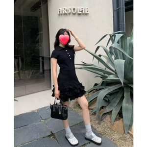 Black Polo Collar Short Sleeve Dress Women Summer 2025 Preppy Slim Fit Cake Skirt Solid Color Daily Wear - Product Image 2