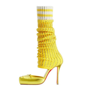 Diamonds Knitting Upper Summer High Heels Shoes Front Bow Square Toe Knee High <b>Boots</b> Pleated Stretchy Cut Out Socks Sandals - Product Image 6