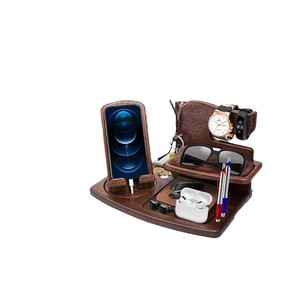 Wooden Desktop <b>Phone</b> <b>Holder</b> Multi Functional Storage Rack Rotating Charging <b>Stand</b> Office Organizer Rectangle Wood Grain Color - Product Image 3