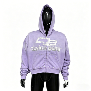 เสื้อฮู้ดดี้ผู้ชายลายตัวอักษร สไตล์สตรีทแวร์ ทรงครอป บ็อกซี่ ผ้าเฟรนช์เทอร์รี่ ซันเฟด ประดับคริสตัลแบบฮอตฟิกซ์ ล้างสีแบบแอซิดวอช ซิปหน้า - Product Image 2