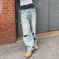 Designer personnalisé taille haute large bleu patineur surdimensionné Double taille déchiré vieilli Vintage délavé à l'acide Baggy Denim jean hommes