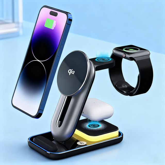 For Certified 4-In-1 Magnetic Wireless Charger with Night Light and Adjustable Stand