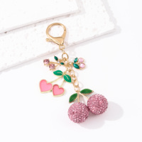 Porte-clés en émail motif cerise rose grande et jolie, avec strass, style industriel, breloque de sac pour cadeau d'amis