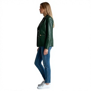 Blazer en similicuir vert à motif crocodile gaufré, simple boutonnage, col rabattu, manches longues, veste d'automne pour femme - Product Image 4