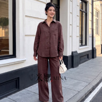 Ensemble deux pièces pour femmes en mélange coton-rayonne, chemise à manches longues boutonnée et pantalon large, bleu marine uni, ensemble décontracté pour femmes, vente en gros