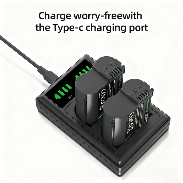 PUJIMAX Portable Clear Battery Level Display Dual-Slot Charger with 2Pcs 7.4V EN-EL15 Batteries for Nikon D610 D750 D850 D7100