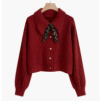 Cardigan court pour femme en maille torsadée bordeaux, col Peter Pan, avec nœud écharpe floral et boutons perlés, coupe décontractée, direct usine