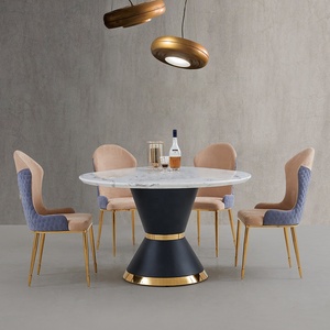 Mesa De Comedor <span class=keywords><strong>Del</strong></span> Restaurante โต๊ะรับประทานอาหารสแตนเลสชุดโต๊ะรับประทานอาหารหินอ่อนหินควอตซ์ทรงกลมทันสมัยเก้าอี้6ตัว - Product Image 1